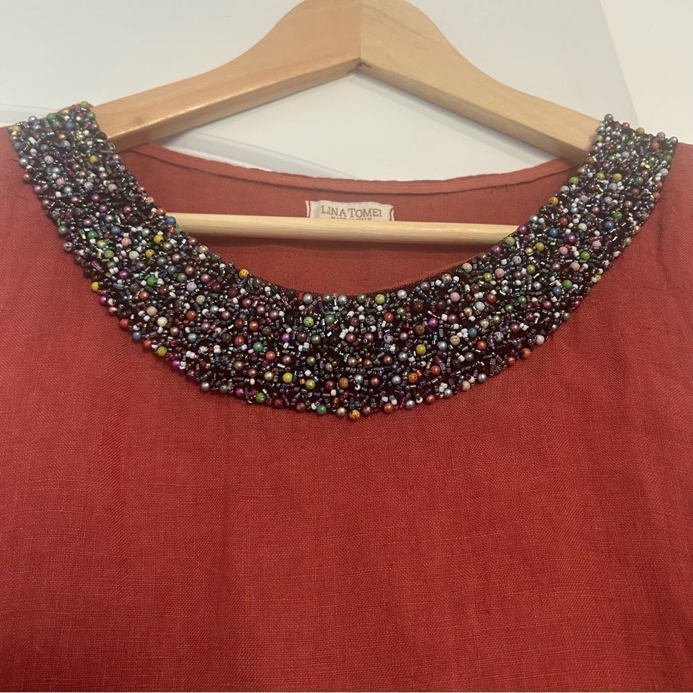 Lina Tomei Linen Pull Over Dress Beaded Neck Rusty Orange Brown Pockets Italy XL - Picture 2 of 7